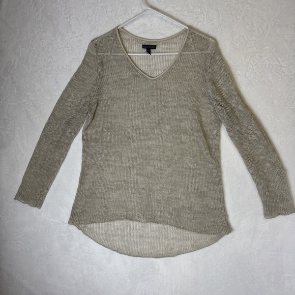 Eileen Fisher Sweaters - EILEEN FISHER Sweater Medium Beige Open-Weave Tunic Linen Blend Leather Trim